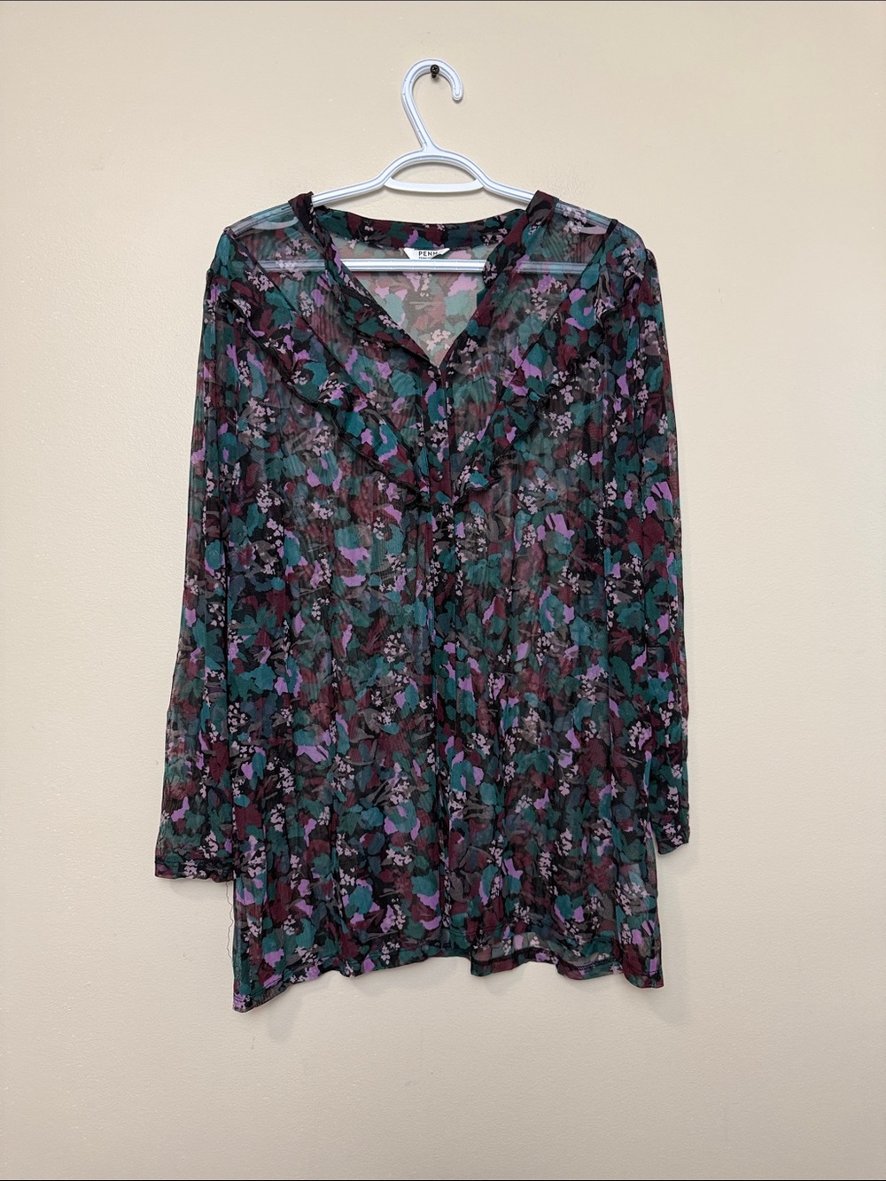 Penningtons Sheer Floral Long-Sleeve Blouse - Teal & Purple size 3x